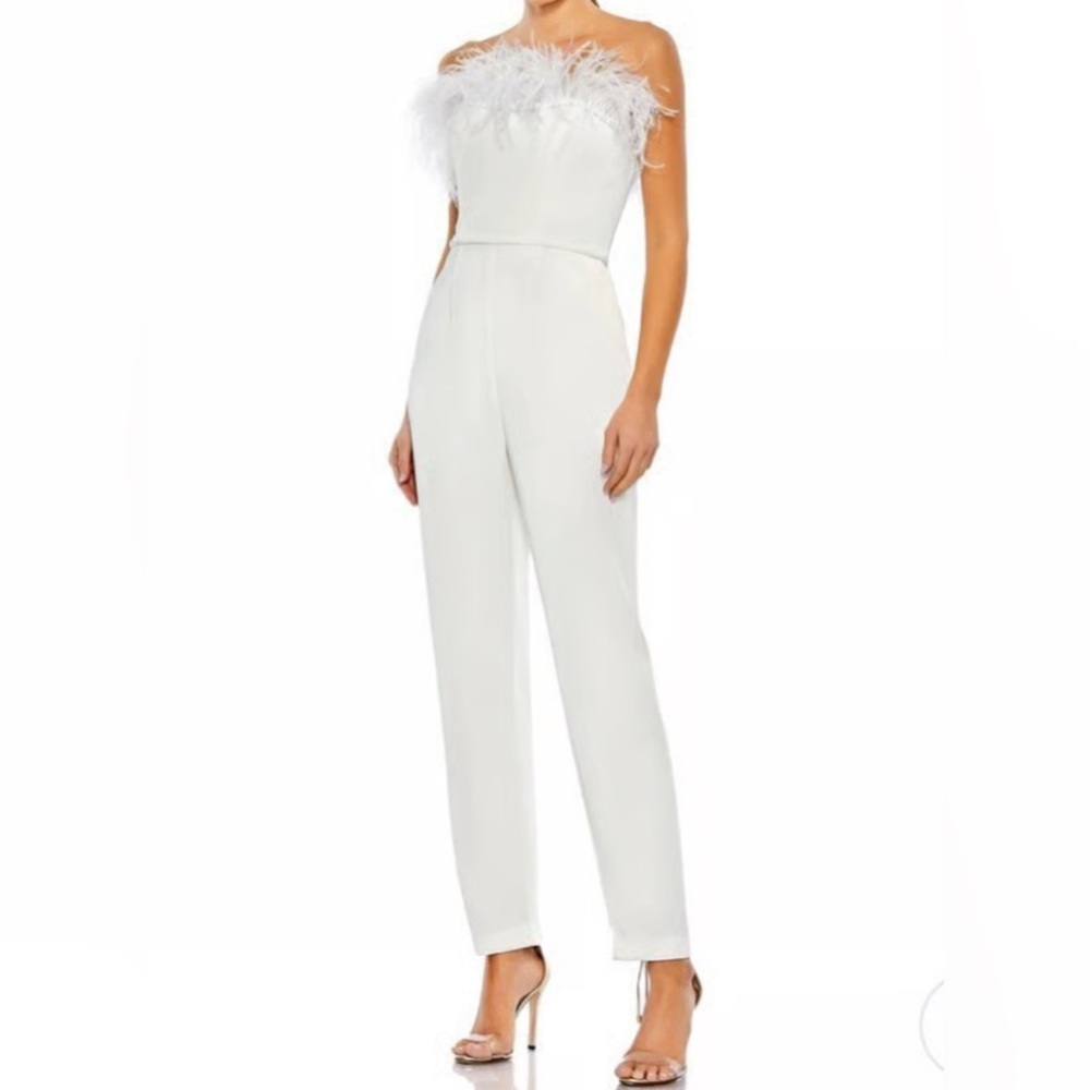 Mac Duggal White Feathered Jumpsuit